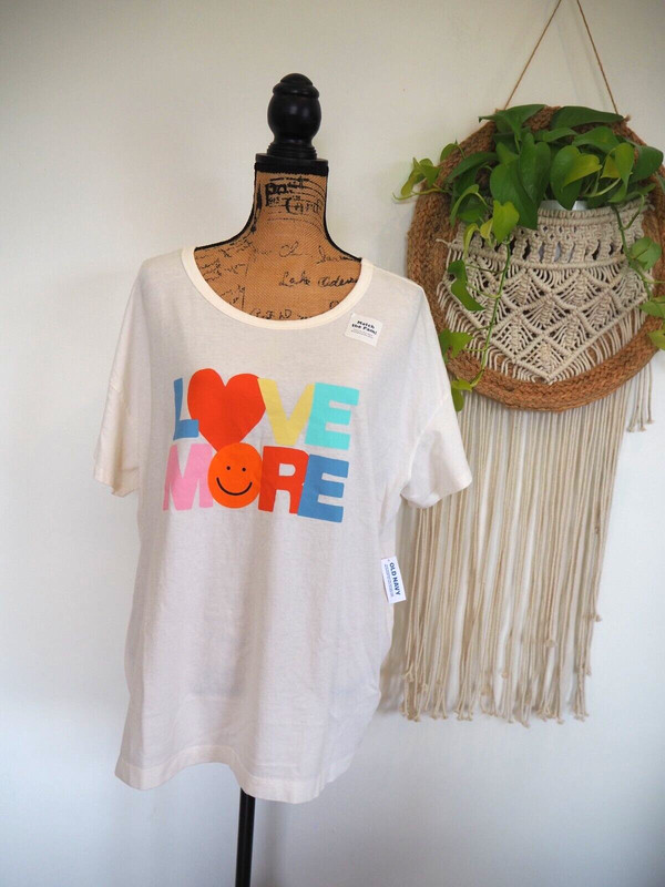 LOVE MORE Happy Face Beige Rainbow Graphic Print Relaxed Fit T Shirt Sz 2XL NWT