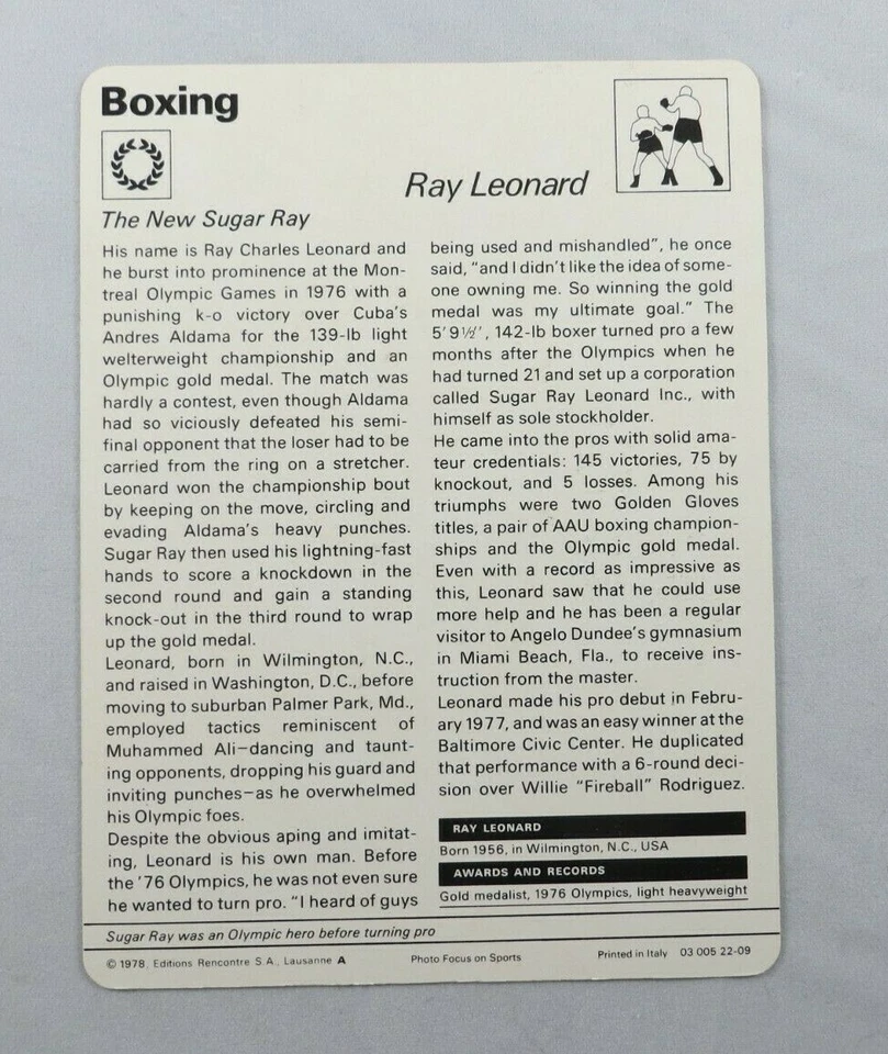 Tarjeta de novato Sugar Ray Leonard RC1977 SPORTSCASTER OLYMPIC (NO PANINI) #22-09 Foto 2 de 2