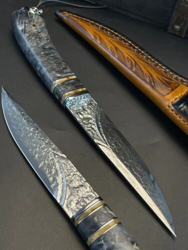 Cuchillo de caza de hoja fija Vg10 acero Damasco patrón de acero grabado a mano - Imagen 6 de 18