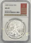 1989 American Silver Eagle NGC MS69 Bright White - The Official Red Book Label