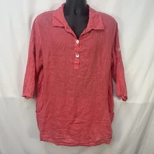 MATCH POINT USA CORAL PINK LINEN 3/4 ROLL TAB SLEEVE COLLARED TUNIC L POCKETS
