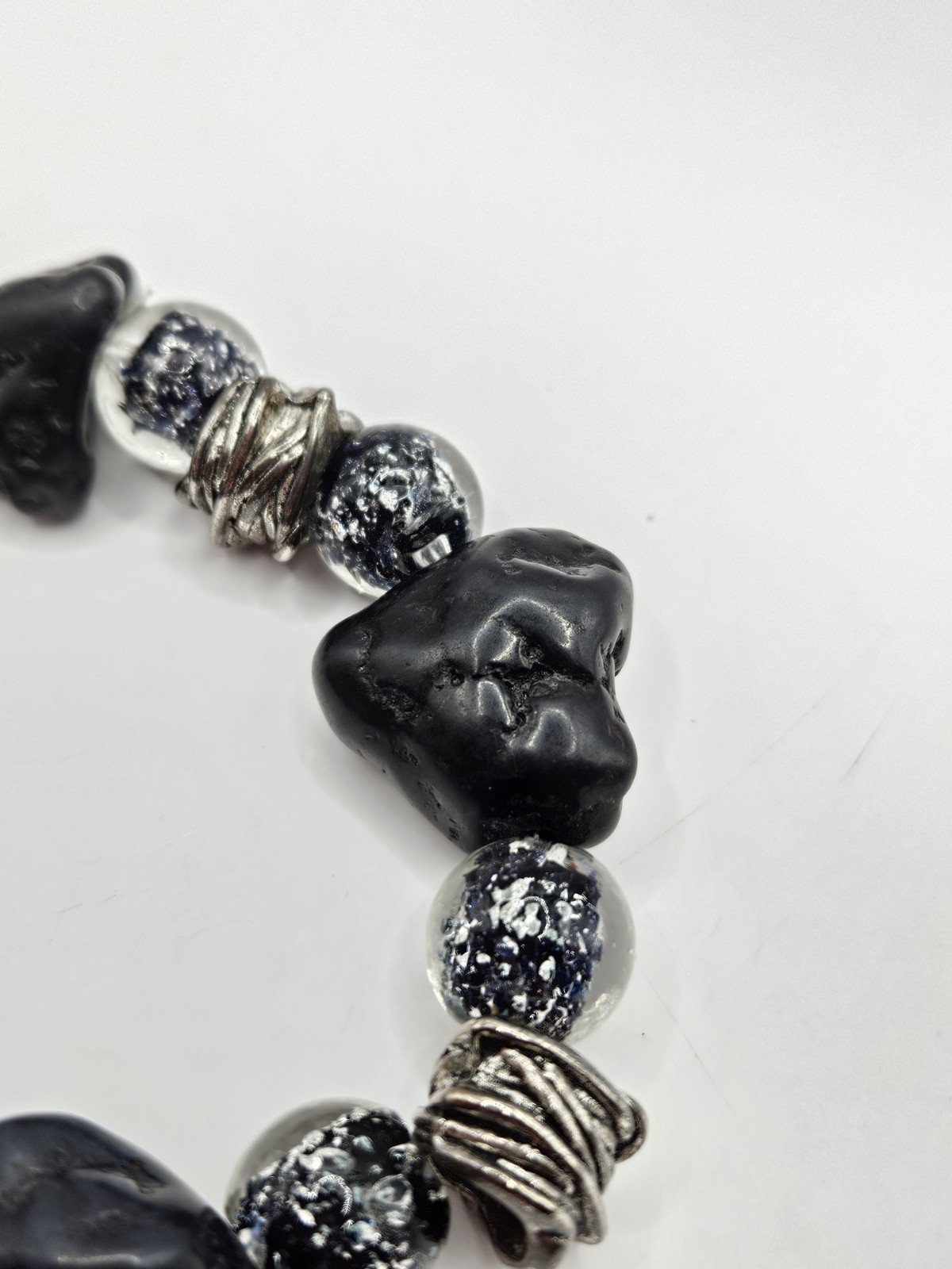 Handmade Lava Stone And Silver Foil Bead Bracelet Chunky Blue Black Boho Earthy