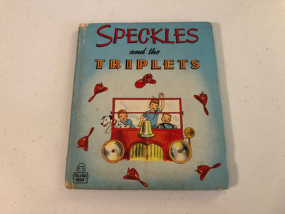 VINTAGE TELL-A-TALE BOOK SPECKLES AND THE TRIPLETS FIREMAN HOUSE DOG TRUCK 1949