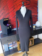 Uniqlo Ribbed Knit Black Midi Dress Black Half Zip Funnel Neck XS-M