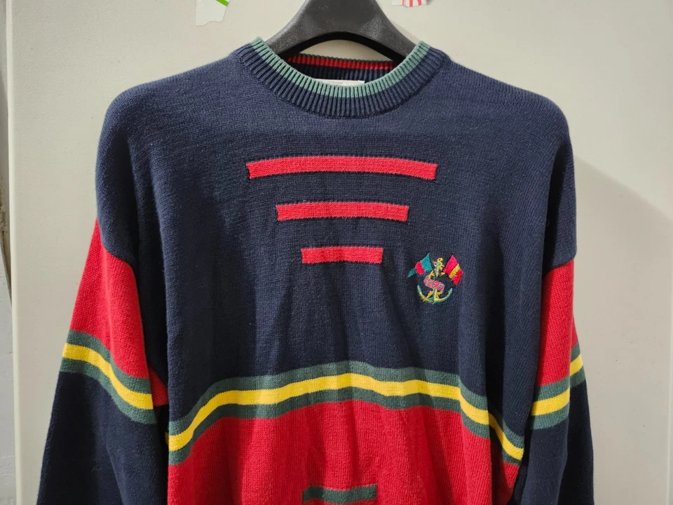 Suéter St Michael Marks Spencer Para Hombres M Azul Bloque de Color Rayas Náuticas De Colección Años 90 Foto 3 de 4