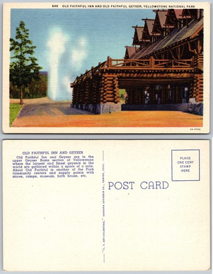 #ad Old Faithful Inn Geyser Yellowstone Postcard $4.87