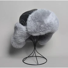Trapper Fluffy Caps Real Farm Rabbit Fur Leather Bomber Hat 100% Sheepskin