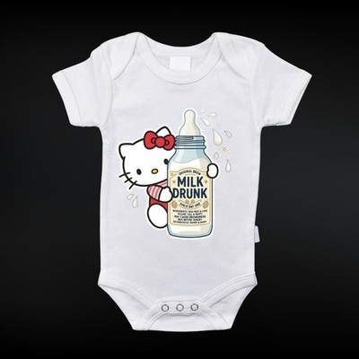 Hello Kitty Milk Drunk Baby Onesie   Cute Sanrio Inspired Newborn Bodysuit