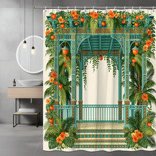 Tropical Gazebo Floral Shower Curtain with Palm Leaves and Orange Flowers