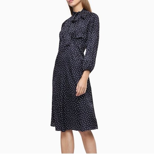 Calvin Klein Polka Dot 3/4 Sleeve Tie Neck Dress Size 6