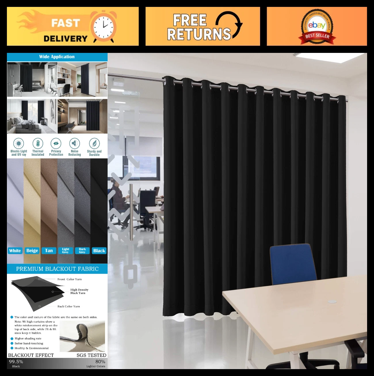Blackout Room Divider Curtain - Noise Reducing Thermal Insulated 15ft x 8ft Pane