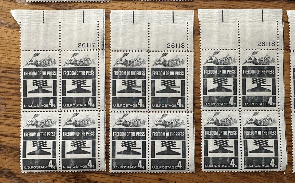 THIRTY MINT PLATE BLOCKS~ (Gum Damaged)  Sc # 1119  FREEDOM OF THE PRESS  (1958) - Image 3 of 4