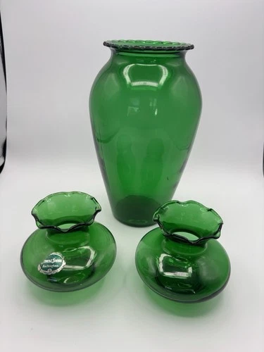 Anchor Hocking Forest Green Glass Vase Set Decorative Vintage Collectible 3pc