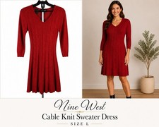 Nine West Red Cable Knit Sweater Dress Size L Date Night V Neck Knee Length