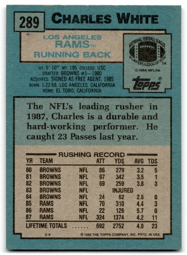 1988 Topps #289 Charles White Los Angeles Rams - Picture 2 of 2