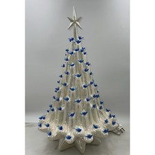 VTG Ceramic Lava Christmas Tree Opalescent White Blue Birds Doves