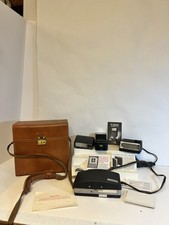 VTG Polaroid Land Camera 360 w/ Leather Case Flash Manuals Film Box Canon Flash