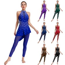 Women Dancewear Irregular Romper Rhinestones Jumpsuit Metallic Costume Sheer