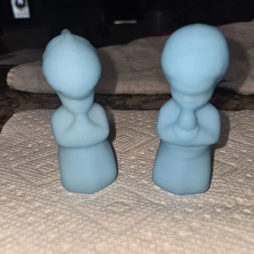 Vintage Fenton Praying Children Boy Girl Figurines Frosted Blue Satin Art Glass