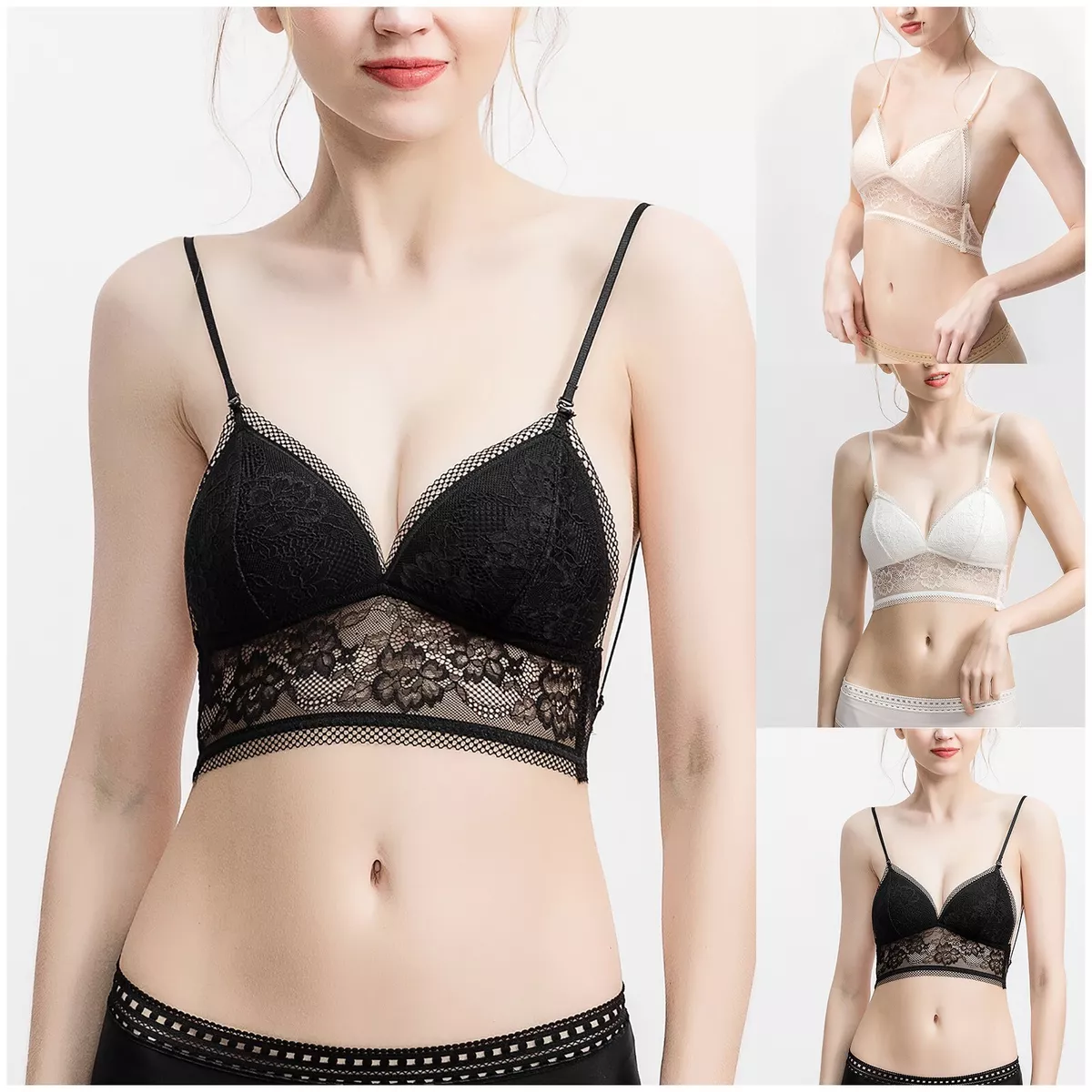 Women Lace Low Back Wireless Bra Thin Straps Underwear Adjustable Shoulder  Strap