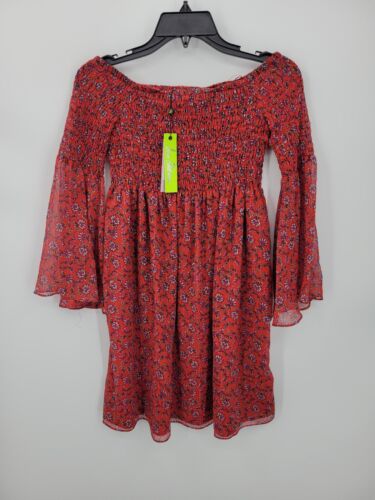 Sam Edelman Dress Womens 2 Red Floral Smocked Off Shoulder Bell Sleeve Boho