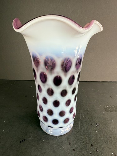 Fenton Plum Opalescent Glass Coin Dot Ruffle Vase - 8" - Picture 2 of 8