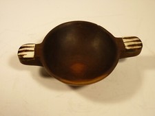 VTG Hand Carved Wooden Nut Bowl with Stone Inlay Handles, Trinket Dish 4"OD