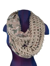 Cottagecore Infinity Wrap Scarf Double Sided Blush Pink Floral w Cream Crochet