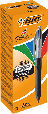BIC Kugelschreiber 4 Colours Grip Pro mit gummierter Griff-Fläche, 12er Pack