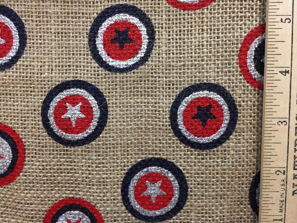 Tela Bronceada Arpillera Rojo Blanco Azul Estrellas Patrón Círculo 176" Tapicería Patriótica Foto 3 de 3