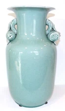 BEAUTIFUL LARGE CHINESE CELADON GREEN CRACKLED GLAZE FRUIT HANDLED 14" VASE