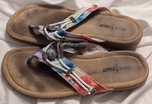 Minnetonka Thong Sandals Womens 9 M Multicolor Fabric Comfort Rubber Sole - Picture 5 of 10