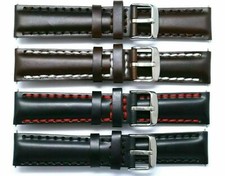 20mm Black Or Brown Leather Thick Stitching Replacement Watch Band Silver Buckle