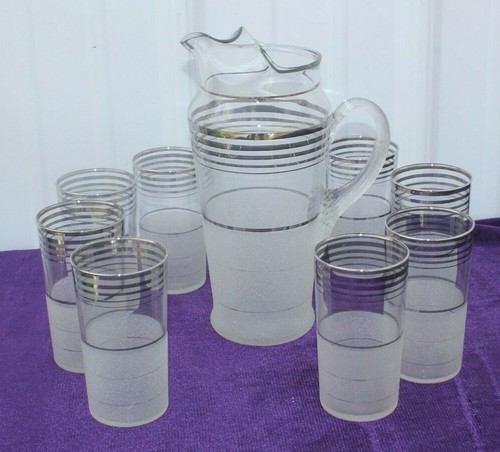 1930s Macbeth-Evans Platinum/Silver Band Frosted Cocktail Set
