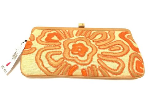 LAMBERSTON TRUEX-TAN & ORANGE LEATHER FLOWER MOTIF CLUTCH-GORGEOUS!! - Picture 2 of 3