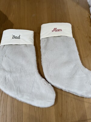 2 Pottery Barn Alpaca Faux Fur Christmas Stockings Large Ivory  Mono  Mom   Dad 