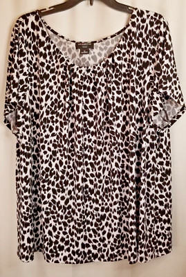 Women's Blouse Top Liz Claiborne Liquid Knit Black White Animal Print Size 3X