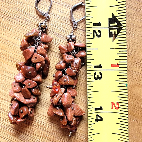 Goldstone Sparkle Chip Cluster Dangle Leverback Earrings in Stainless Steel NEW! - Picture 2 of 10