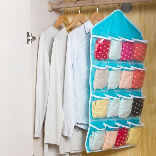 16 Pockets Hanging Wardrobe Clear Bag Storage Organizer Clothes Socks Bra Hanger - Picture 7 of 16