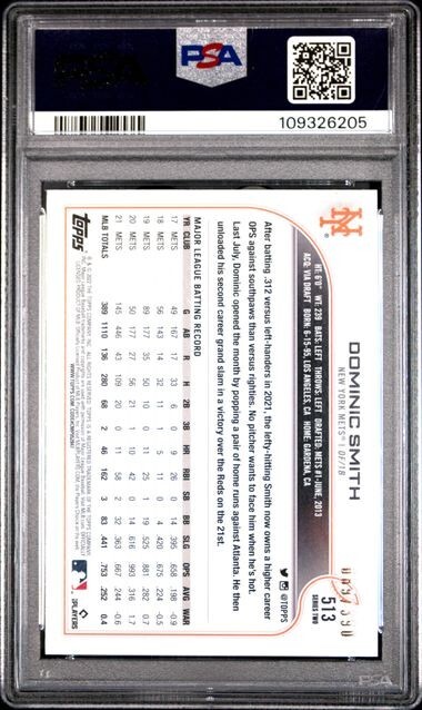 2022 Topps Complete Hobby Foilboard #513 Dominic Smith Mets /390 PSA 10 POP 1 view 2