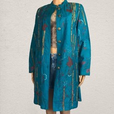 Indigo Moon Longline Jacket Collarless Turquoise Gold Boho Detailed Size Small