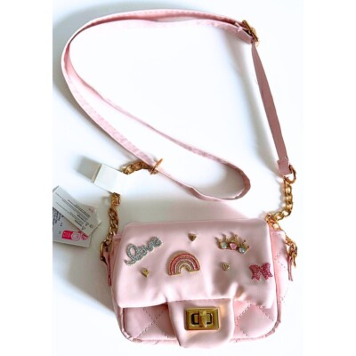 CLAIRE'S Girls Crossbody Pink Quilted Patch Sparkly Crossbody Small Mini Bag NEW