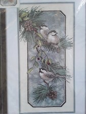 Dimensions Stamped Cross Stitch Kit Chickadees on a Branch w Pinecones 8 x 16"