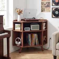 3-Tier Mid Century Modern Corner Record Player Stand with USB Charging