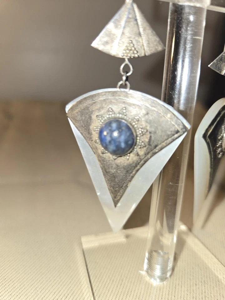 Mother of Pearl Triangle Earrings MOP Lapis 925 Tribal Iridescent Shell Mermaid  - Image 3 of 4