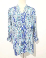 Notations Women’s XL Button Up Blouse Blue Paisley Print Roll Tab Sleeve Stretch