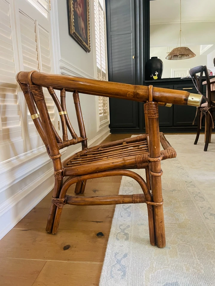 Sillón de campaña de ratán de latón Ficks Reed vintage mediados de siglo bambú años 50 Foto 2 de 4
