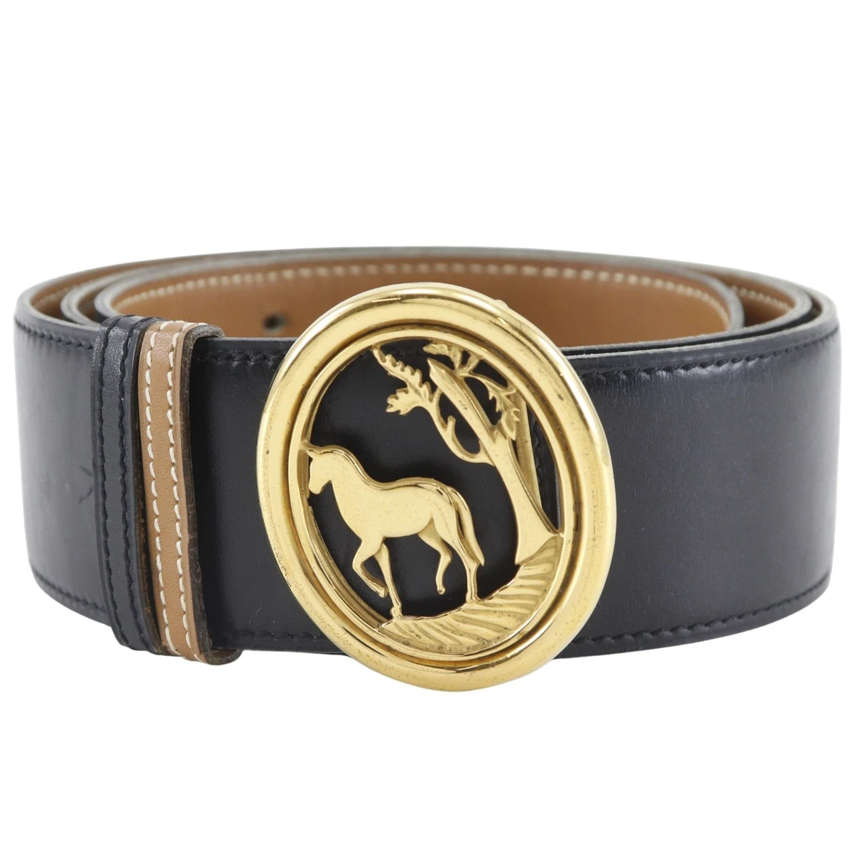 HERMES Horse buckle belt reversible vintage Black / Brown Box carf/Plated ... Hermes Hermès Constance H Belt, reversible, size 60, black  main image 3