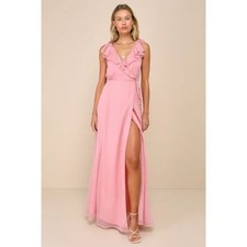 NWT Lulus Adorable Elegance Pink Chiffon Ruffled Backless Wrap Maxi Dress