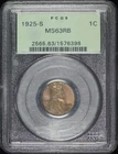 1925-S Lincoln Wheat Cent PCGS MS-63 RB Old Green Holder - Scarce!